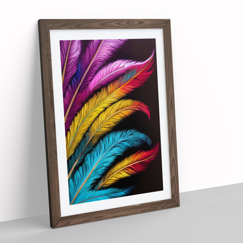 Vibrant Feathers No.2 - Wall Art, 66cm H x 48cm W x 3cm D, Walnut Framed Paper, White