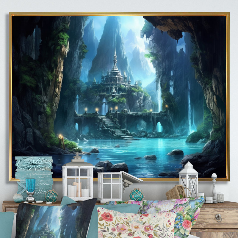 Château caché sur toile, H 24 po x l 32 po x P 1 po, Cadre flottant doré