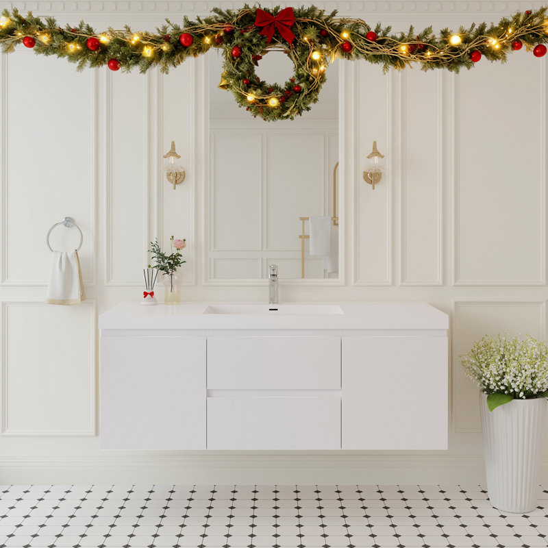 Meuble-lavabo flottant 60 po avec lavabo, meuble-lavabo mural moderne 60 po avec lavabo à surface solide et tiroirs à fermeture en douceur, blanc brillant CM-24V11-60SGW