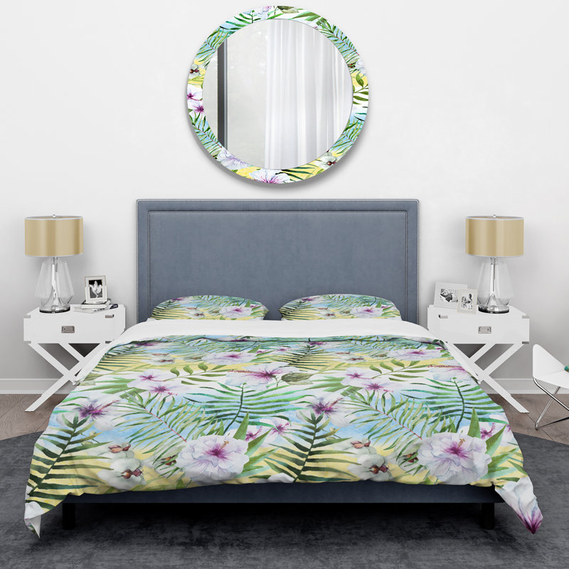 Ensemble de housse de couette rétro fleur et vert - Polyester en microfibre