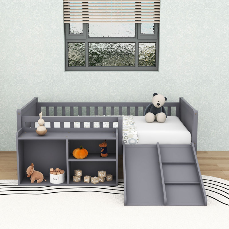 Lit mezzanine simple en bois avec échelle et glissade, Gris