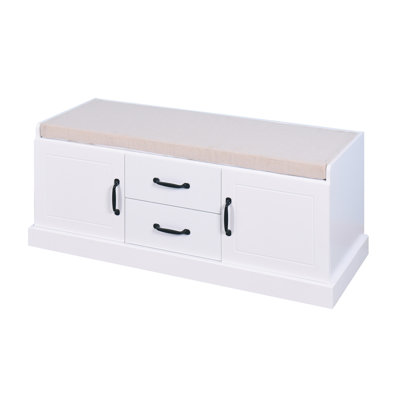Meuble à chaussures en bois avec 2 tiroirs et 2 portes avec banc de rangement pour le salon et coussin blanc