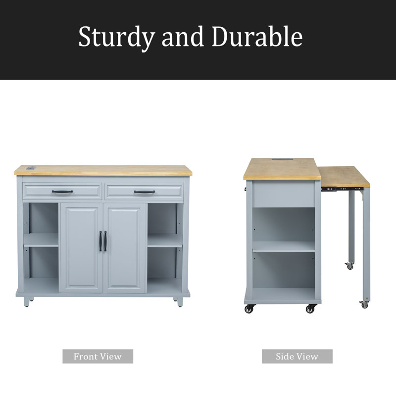 47 Inch Kitchen Island With Extendable Dining Table, Rubber Wood Veneer Kitchen Table With Internal Storage Rack, Power Outlet, Kitchen Island With Storage 2 Drawers 2 Cabinet