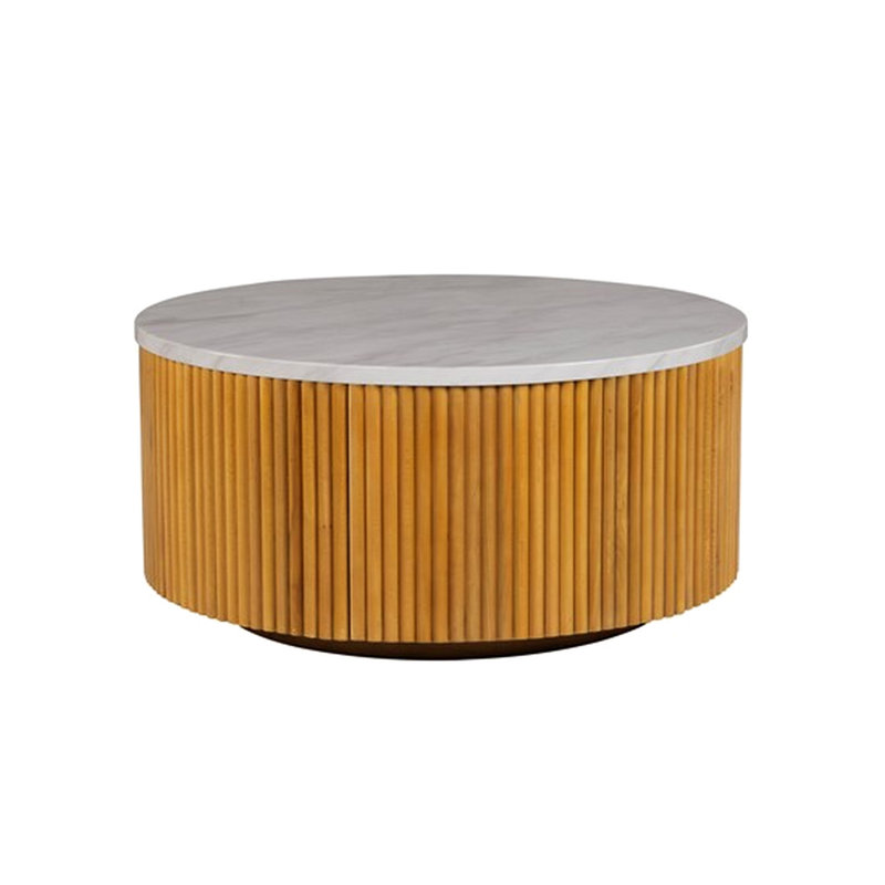 Table basse en faux marbre blanc avec rangement en forme de tambour et base d'aspect bois naturel de 35,5 po