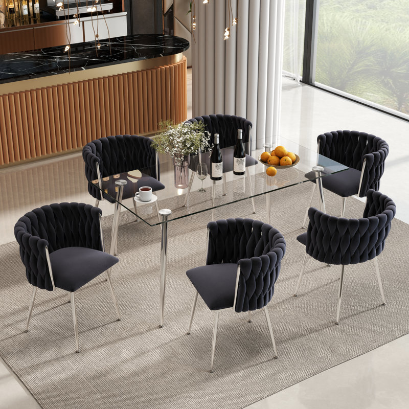 Ensemble de salle à manger rectangulaire moderne avec chaise rembourrée, 7 pièces : table, 6 chaises, Black/Silver