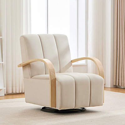 Fauteuil d'appoint pivotant à 360 ° de 30,7 po avec accoudoirs en bois massif et fauteuil de lecture capitonné Comfy Channel