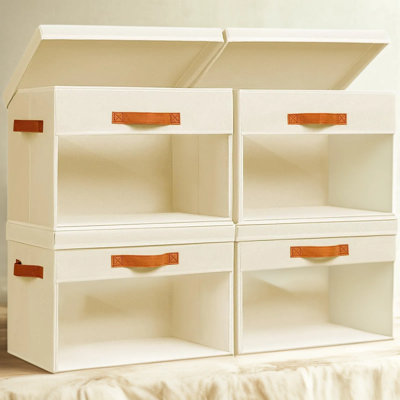 Large Storage Bins with Lids, 4 Pack Foldable Fabric Cube Organizers with Clear Windows and Handles, Decorative Closet Storage for Clothes, Blankets, Sheets, and Bedding, Beige, 16.5 Inch