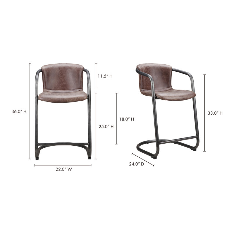 Freeman Bar Stool, Counter Stool (25" Seat Height), Brown Genuine Leather