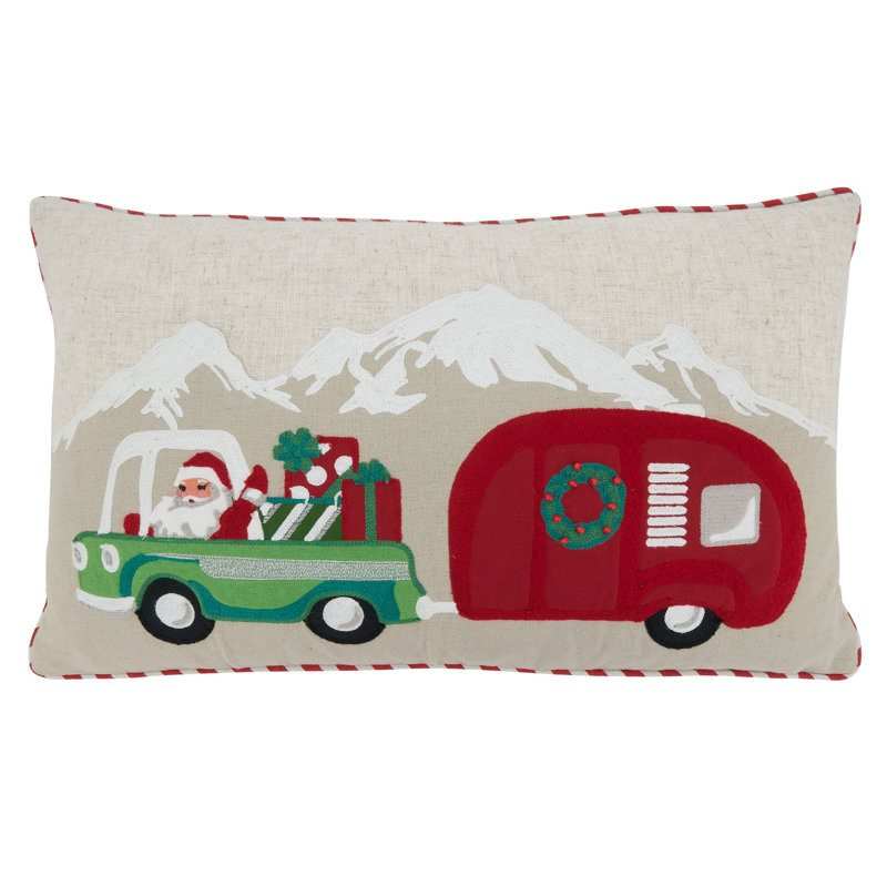 Multicolor Santa Truck and Trailer Rectangular Holiday Throw Pillow