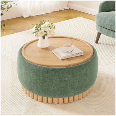 29" Round Storage Ottoman with Solid Wood Legs, Modern Coffee Table with Reversible Lid, Wood Frame, Chenille Fabric Footrest for Living Room, No Assembly Required