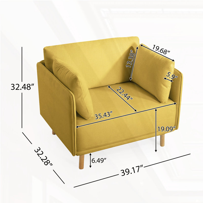 Chaise d'appoint rembourrée moderne de 39 po avec coussins moelleux, Jaune
