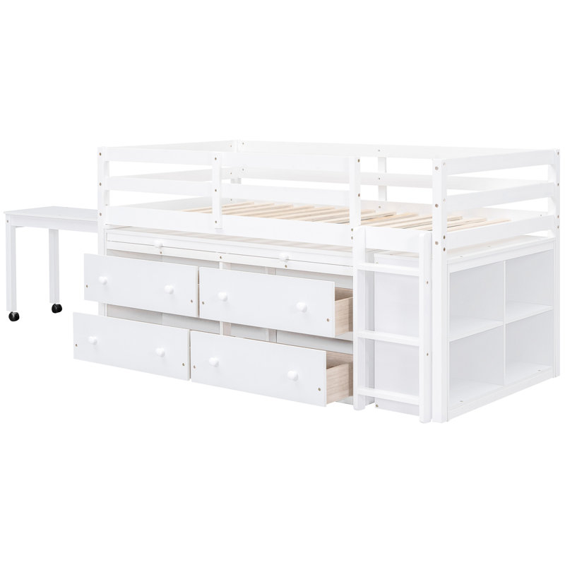 Lit mezzanine simple avec bureau portatif et tablettes, blanc, lit en bois massif amélioré pour la chambre à coucher, rangement pratique rétractable