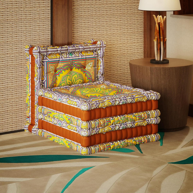 Velvet Accent Chair, White/Orange