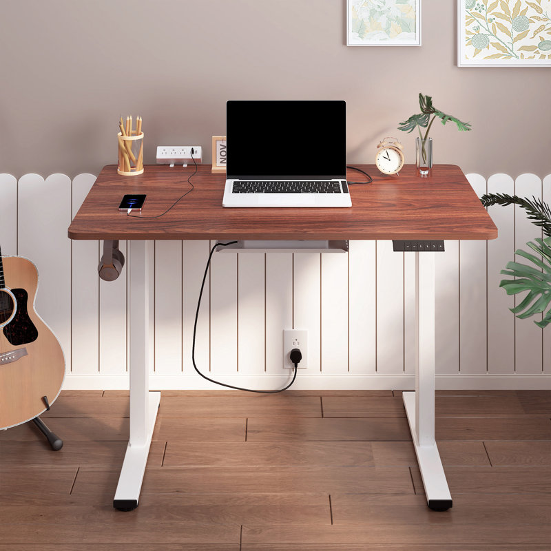Home Office Height Adjustable Standing Desk With Built-in Power Outlet, Mahogany/White