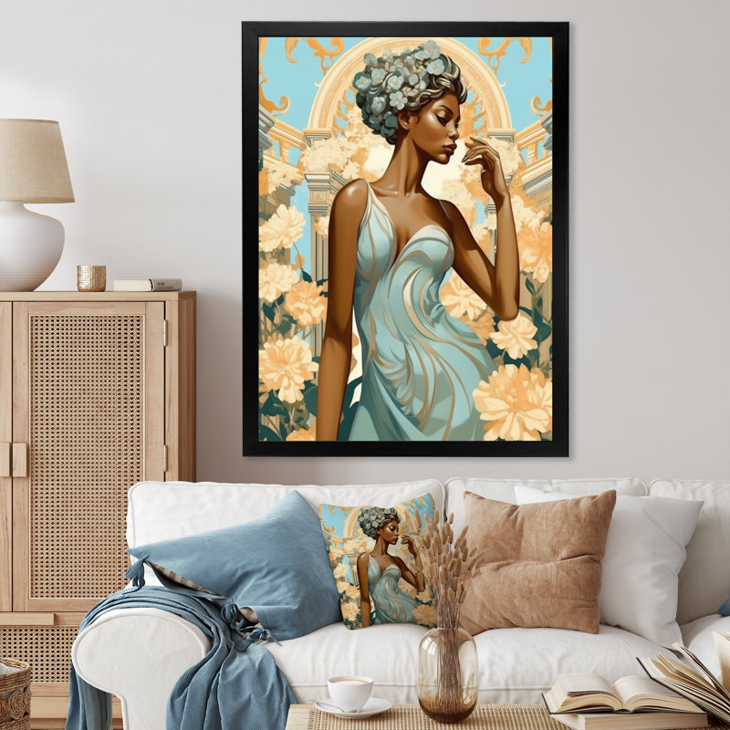 Élégante beauté afro-américaine dans un pré de fleurs - impression, H 32 po x l 24 po x P 1 po, Cadre simple noir