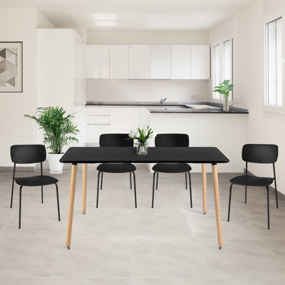 Modern Square Dining Table Set for 4, Mid-Century Dining Table and Chairs Set for Kitchen, Dining Room, Office, Cafe, Restaurant (Black)