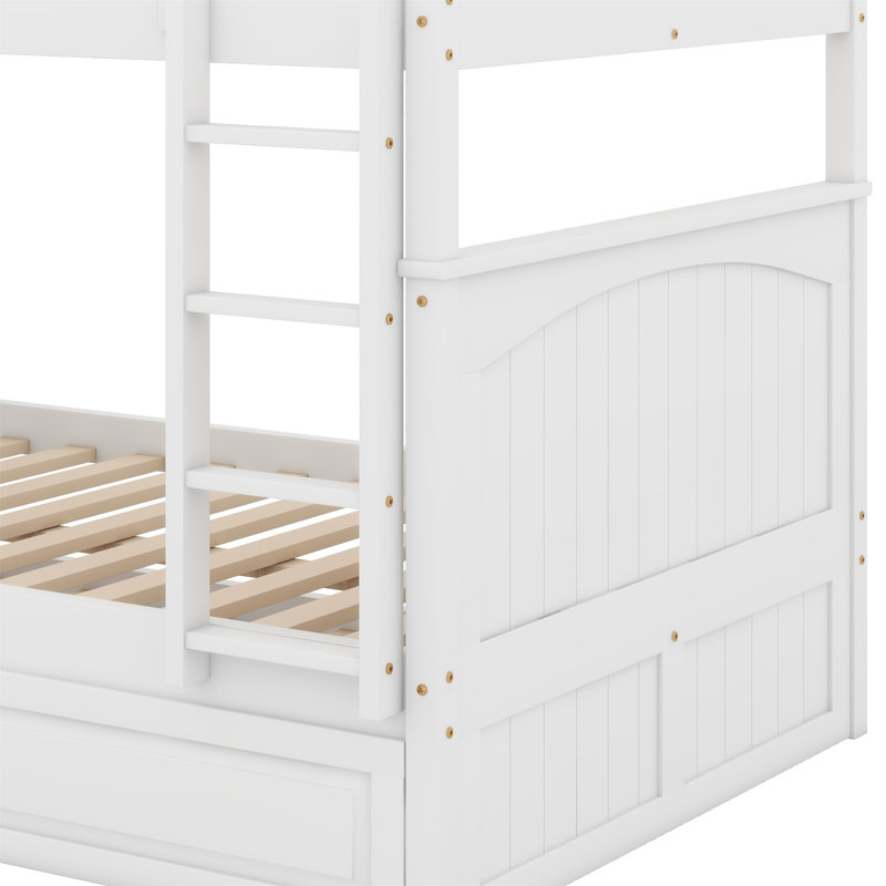 Bunk Bed With Trundle And Guardrails, White