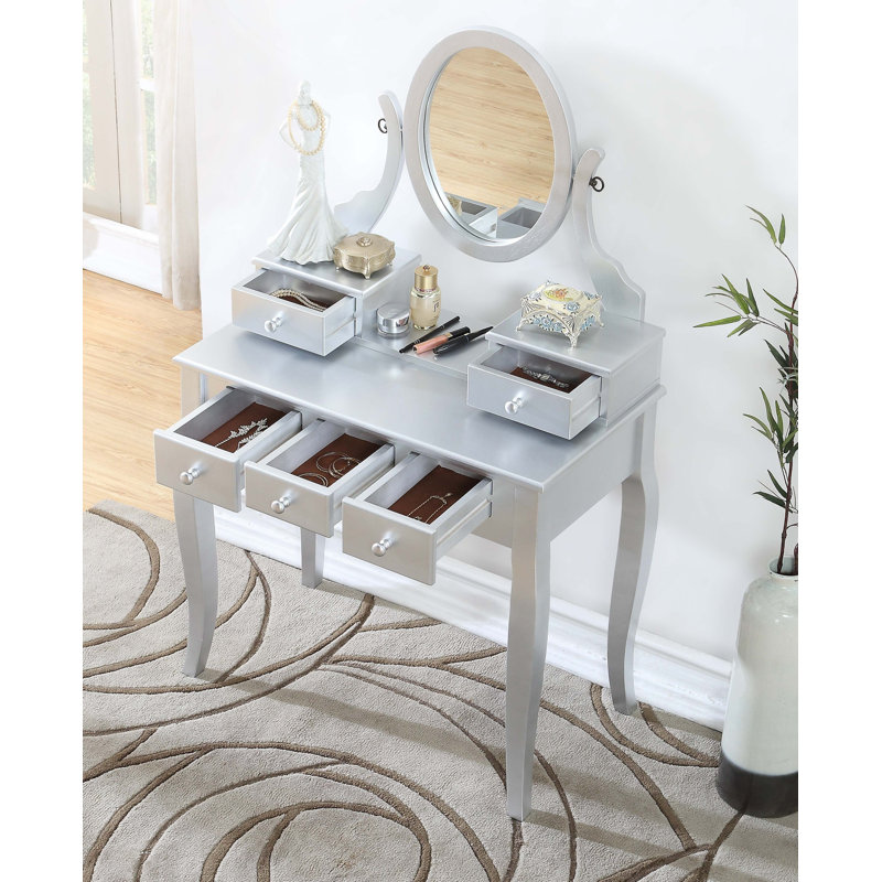 Wood Make-Up Vanity Table And Stool Set, Silver