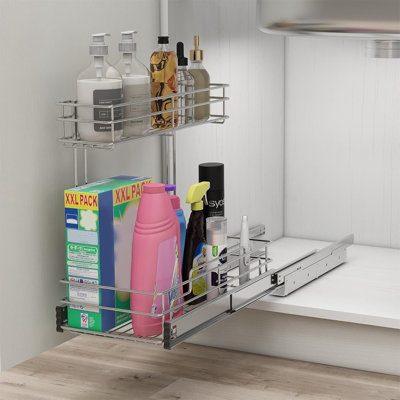 1-Pack 2-Tier Under Sink Pull-Out Organizer – Chrome Cabinet Storage For Kitchen, Bathroom, And Pantry