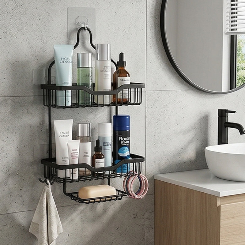 3-Tier Black Hanging Shower Caddy - Over-Showerhead Storage Rack with Non-Slip Design
