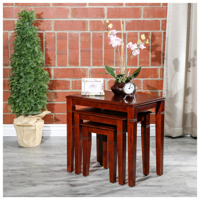 3-Piece Cherry Wood Nesting Table Set, Rubberwood Living Room Accent Tables with Space-Saving Design and Tapered Legs