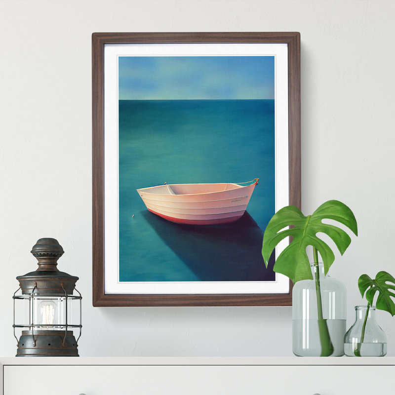 Boat on the Ocean Watercolour No.2 - Wall Art, 36cm H x 27cm W x 2cm D, Walnut Framed, White