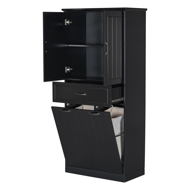 Tall Bathroom Storage Cabinet With 2 Laundry Baskets, Freestanding Linen Cabinet Bathroom Cabinet With Drawer, Black