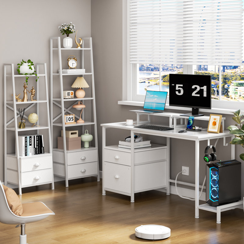 Bureau d'ordinateur 47 po avec 2 supports pour écran, table de travail pour bureau, brun rustique, Blanc