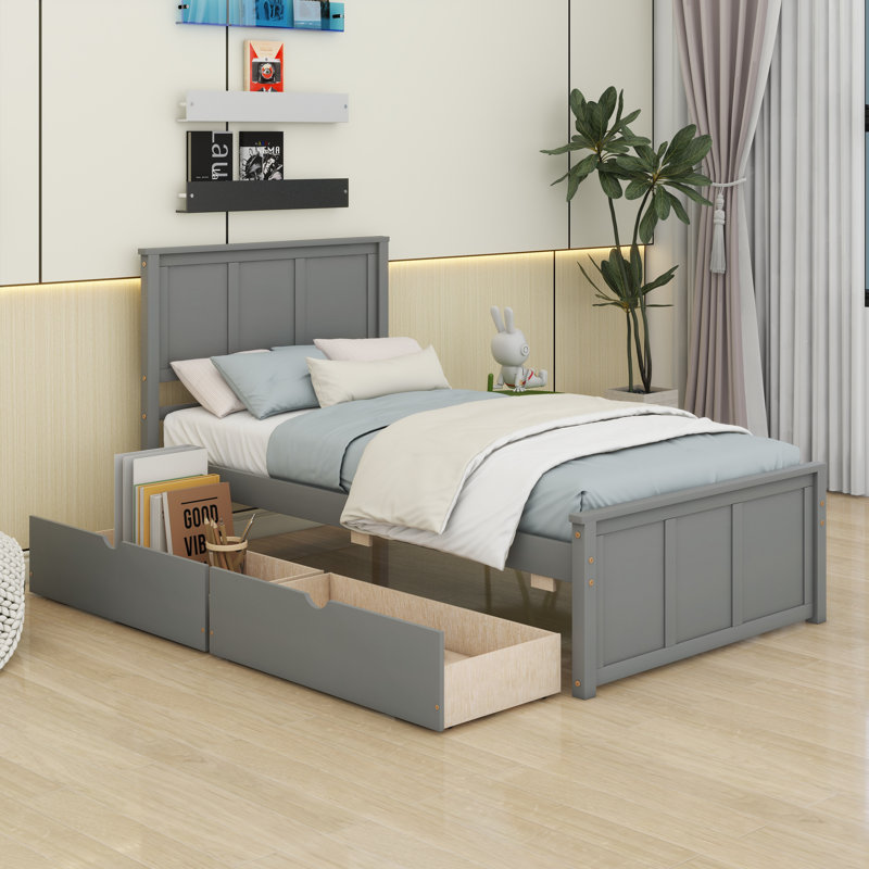 Structure de lit simple avec deux tiroirs, cadre de lit simple avec tiroir en dessous, cadre de lit plateforme simple en bois avec tête de lit avec support à lattes, pas besoin de sommier