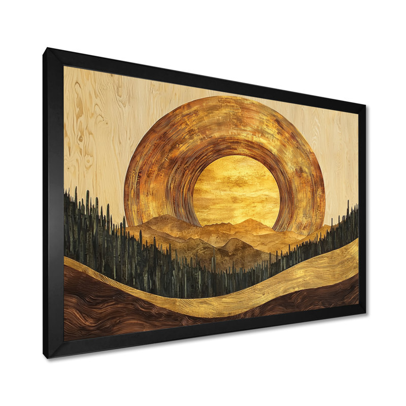 Wooden Moon On Bold Golden Forest Landscape - forest Wall Art, Single Picture Framed, Black, 12" H x 20" W