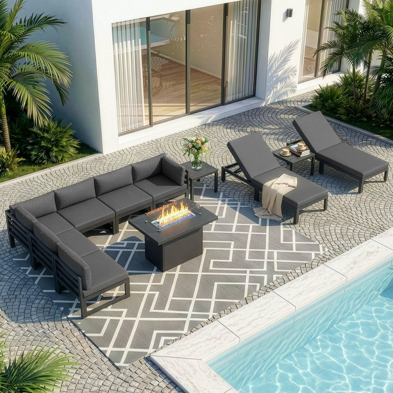 Glenita 8 - Person Outdoor Patio Aluminum Sectional Set with Firepit Table Chaise and Cushions, Dark Gray