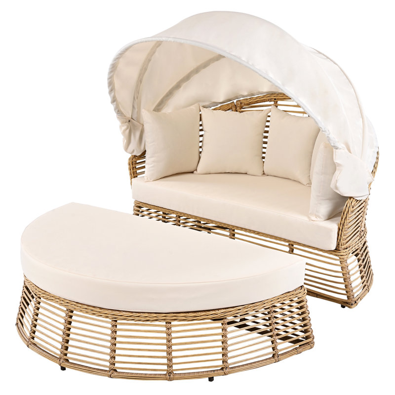 Outdoor Patio Rattan Round Daybed With Retractable Canopy, Wicker Furniture Round Poolside Sofa Sunbed With Removable Cushions, Backyard, Porch, Beige