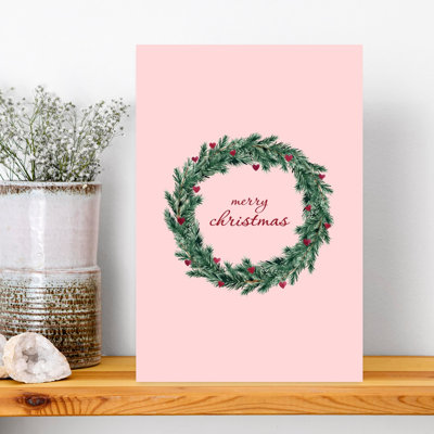 Merry Christmas Wreath Delicate Contemporary Pine Winter Wall Art Print by Karen Menzenbach - Wrapped Canvas Print