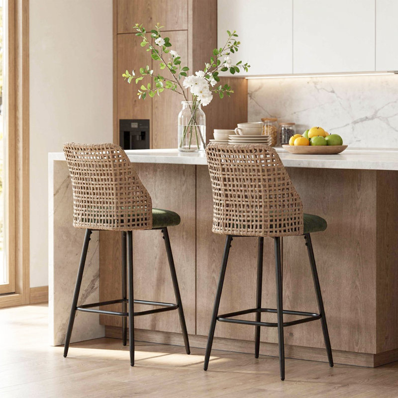 Upholstered Green Rattan Full Back Counter Swivel Bar Stool, Green