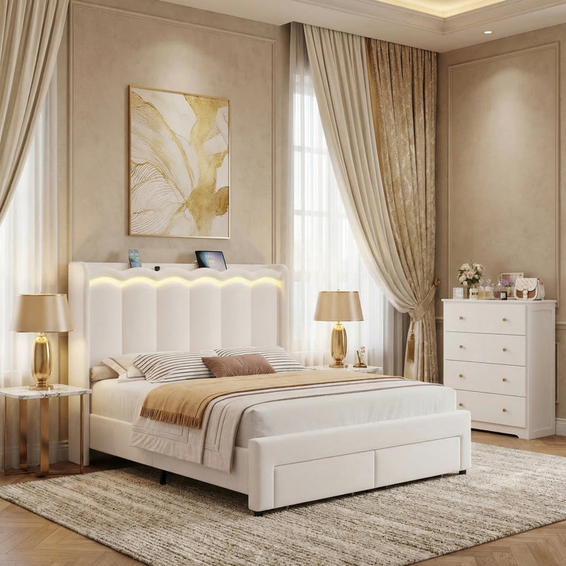 2-Piece Bedroom Sets, Wave Upholstered Bed with LED Lights & USB Ports, 29"X 37" 4-Drawer Chest, Beige, Queen