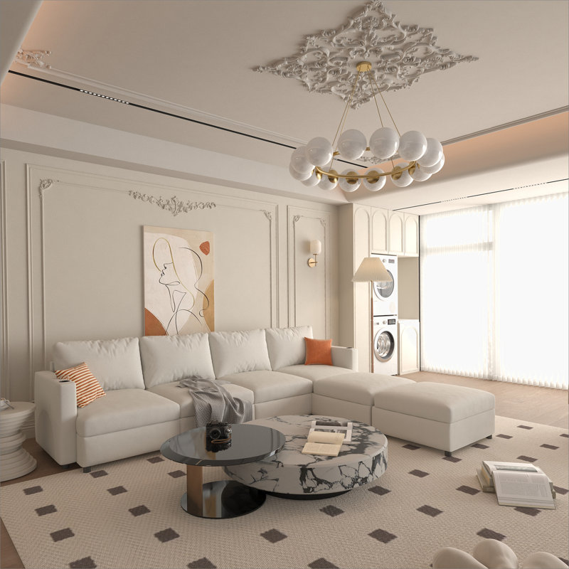 Modern Large Sectional Sofa, U-Shape Modular Sectional Couch With Storage Function, Antique White Fabric