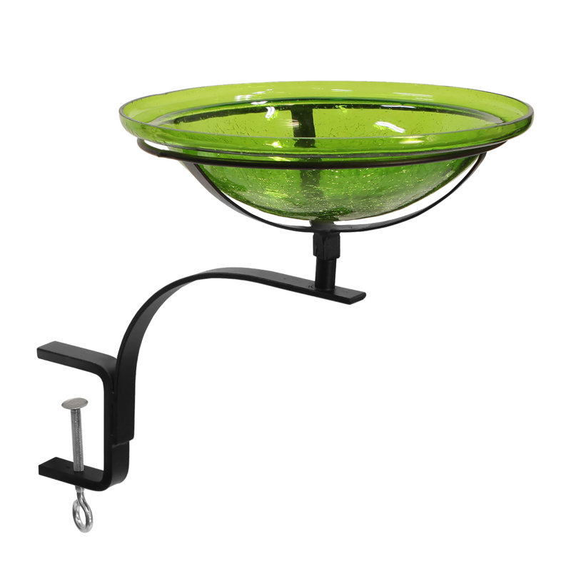 Fern Green Crackle Glass Birdbath with Rail Mount Bracket