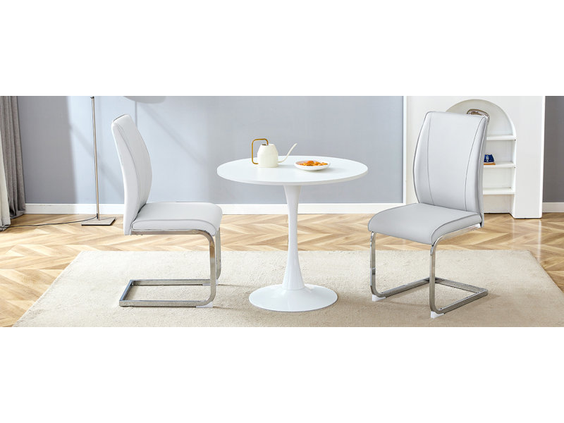  Ensemble de 3 petites tables de salle à manger rondes avec chaises rembourrées en polyuréthane et pieds arqués argentés, gris clair