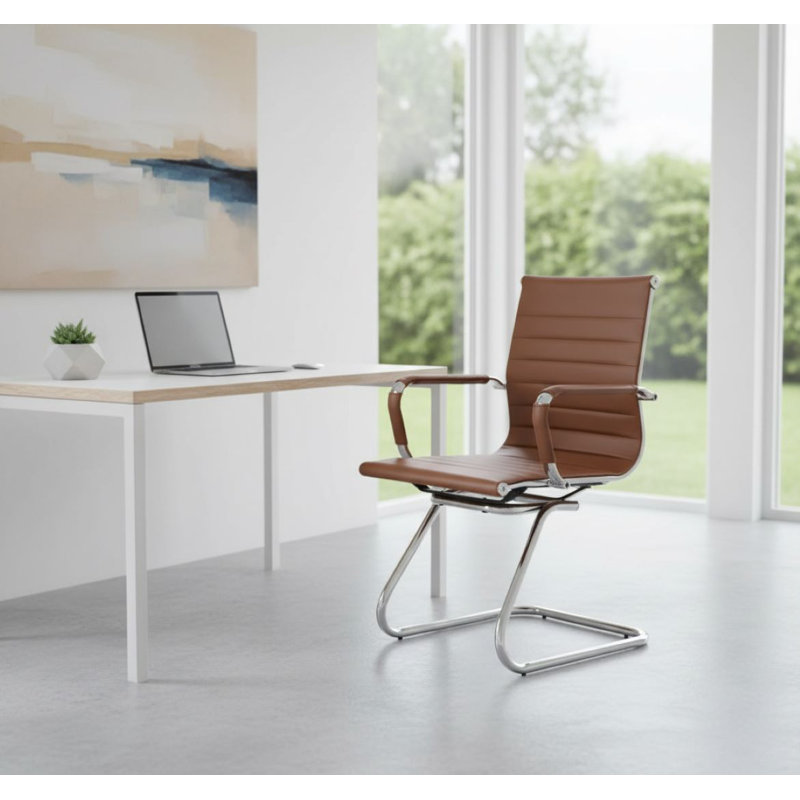 Ensemble de 2 chaises d'invité de bureau en cuir à dossier moyen - Chaises de réception à roulettes sans roues pour réunion / hall d'entrée / toilettes