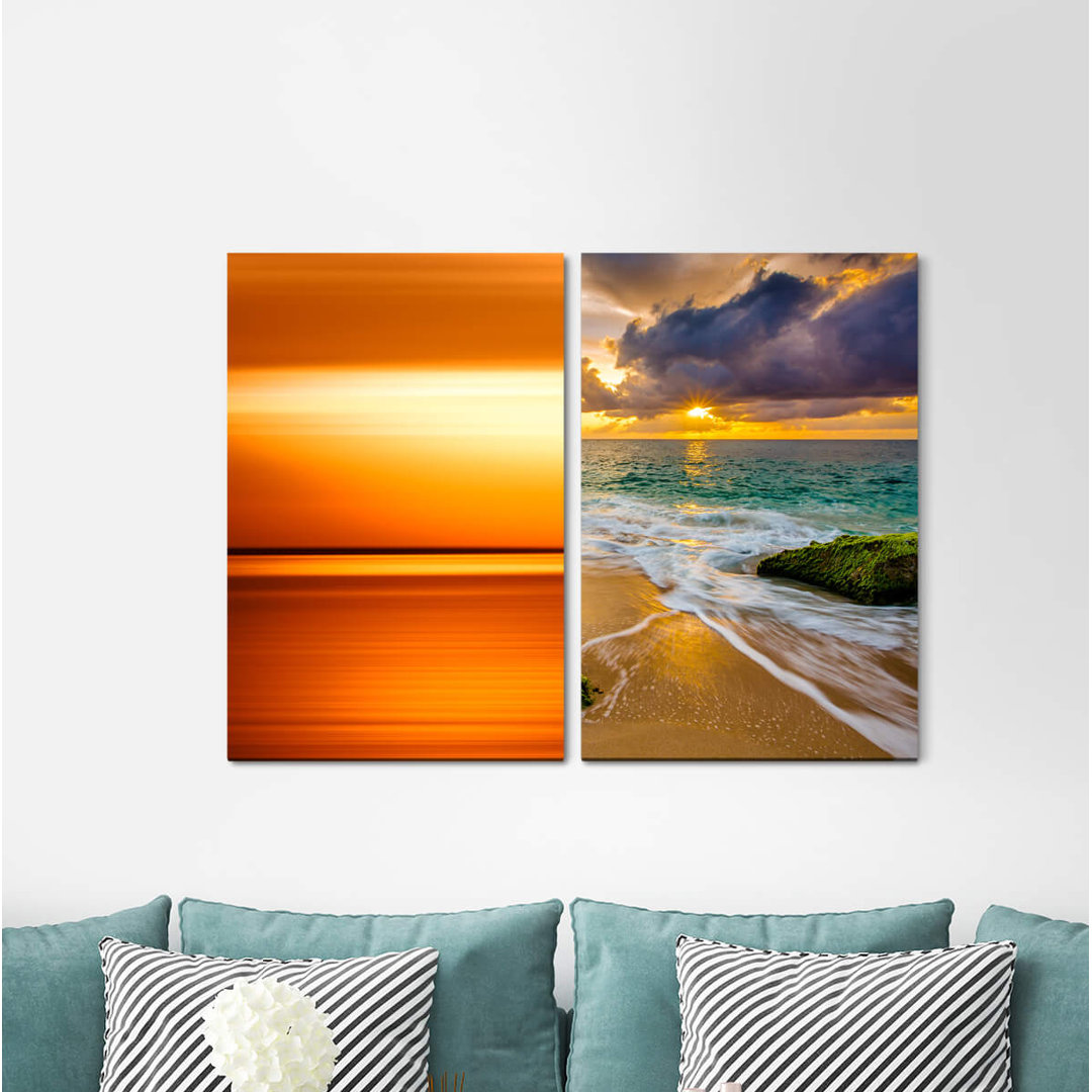 2-tlg. Leinwandbilder-Set - Grafikdruck „Horizon Sea Beach Sunset Clouds Picturesque Minimal”