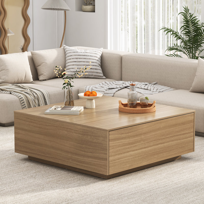 Oak Square Coffee Table with Metal Accents and Storage Drawers
