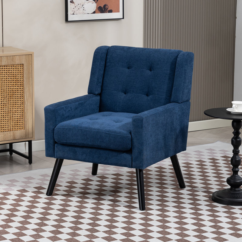 26.77" Mid-Century Modern Accent Chair With Linen Upholstery, Tufted Back And Black Solid Wood Legs(Set Of 2), Blue