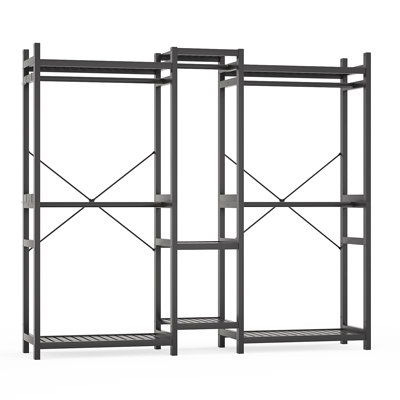 7 Storage Shelves Bamboo Closet System Clothes Rack With 5 Rods And 4 Hooks