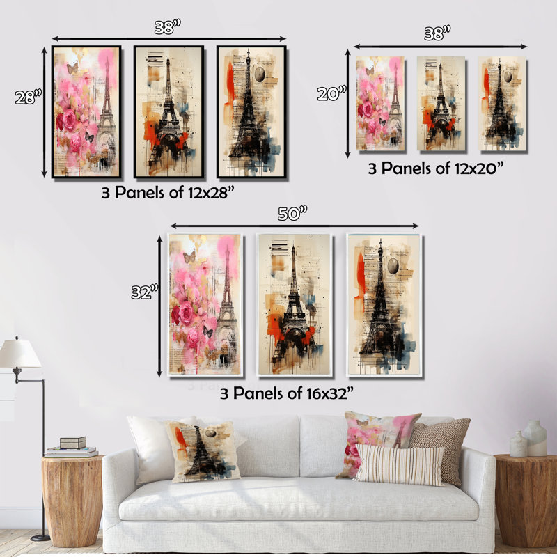 "Collage rétro du printemps rose à Paris" - 3 pièces, Toile tendue, H 28 po x l 36 po