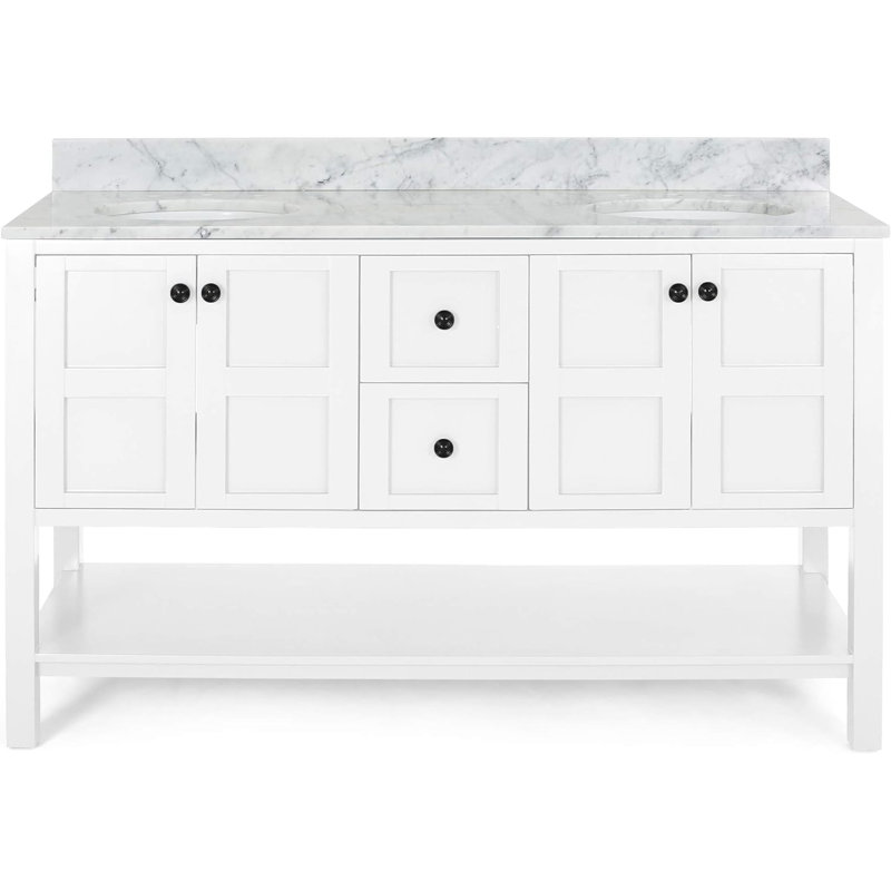Ensemble de meuble-lavabo à double cuve 61 "avec dessus en marbre Nazeeha, Blanc