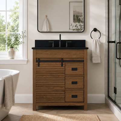Aldiana 30'' Sliding Barn Door Freestanding Single Bathroom Vanity with Sintered Stone Top