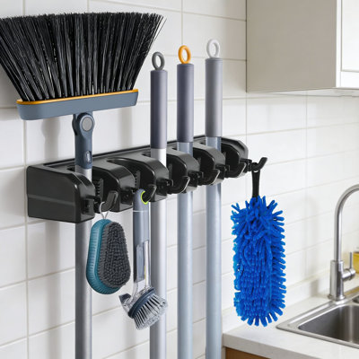 Heavy Duty Wall Mount Broom And Mop Holder With Hooks, Spring-Loaded Slots And Rubber Grips For Garage, Laundry Room, And Garden Tool Organization And Storage