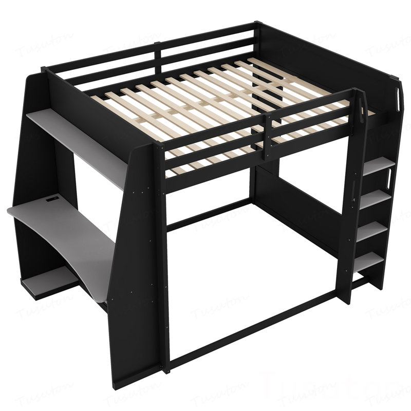 Grand lit superposé en bois avec bureau, deux tablettes de rangement, USB et lumière DEL, Gris noir
