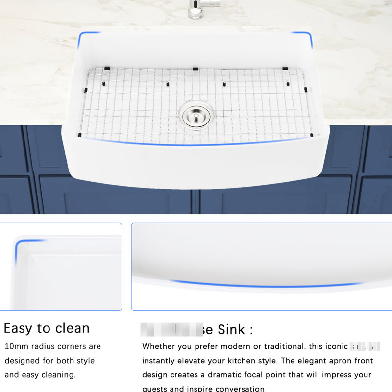 Évier 33 po x 20 po - blanc, tablier avant, chaleur, égratignure anti-taches, rouille, simple à conserver propre, bord arqué de cuisine 33 po x 20 po, minimisant, rapide