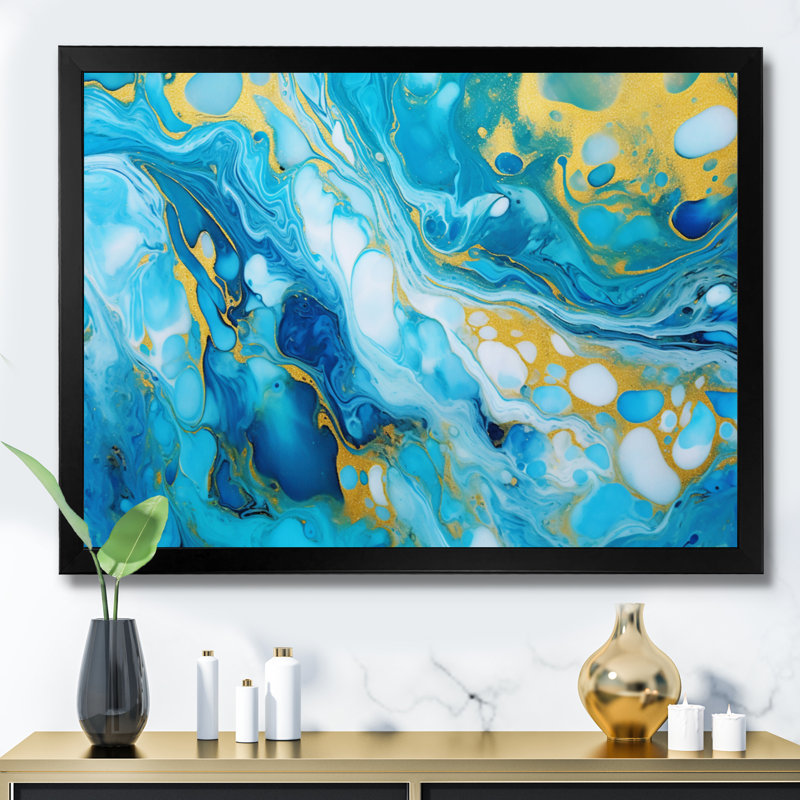 «Turquoise Luxury Abstract Fluid Art X», reproduction d'art sur toile, H 12 po x l 20 po x P 1 po, Cadre simple noir